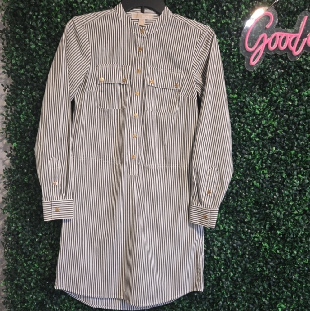 Michael Kors XS Ivory Stripe Chemisier Dress Long Sleeve Button Up W/ Pockets